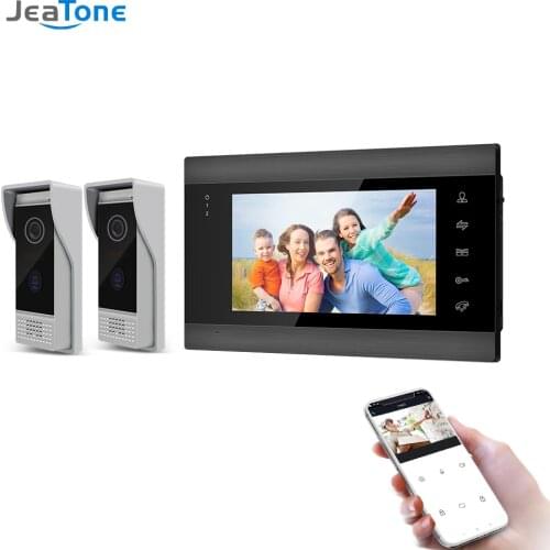 Jeatone 7 Inch Wireless WiFi IP Video Doorbell Home Intercom with Night Vision Monitor + 2 x Rainproof Door Phone Camera