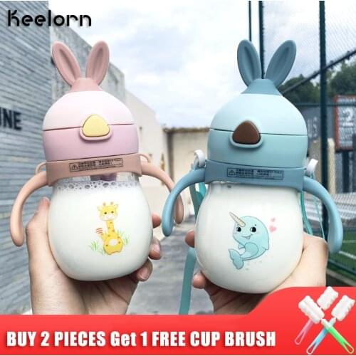 Keelorn 270ml Rabbit Baby Bottle Baby Feeding Bottles With Tube Dust Cover Tritan Children Drink Milk Bottle for Drinking Water
