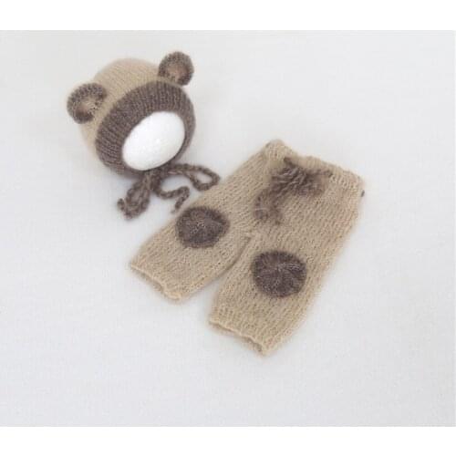 Newborn Pants Set Knitted Teddy Bear Hat Newborn Boy Outfit Photography Props Crochet Baby Bonnet Cap Infant Pant Clothes