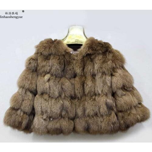 Linhaoshengyue Real Fox Fur Sleeve Short Coat