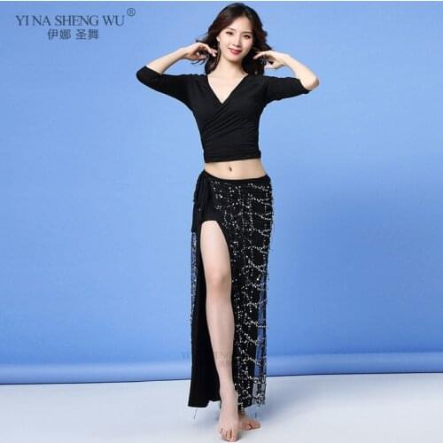 Bellydance Costume Set Fashion Women Belly Dance Clothes Stretchy Top Skirt Bellydance Split Long Skirt with Sequins New