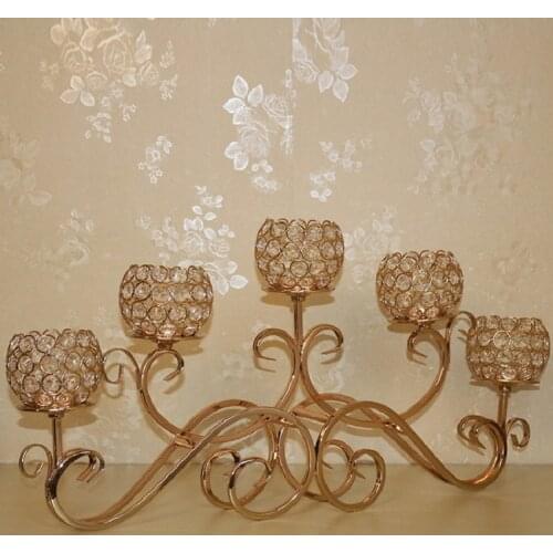 Creative Candlestick 5 Heads Crystal Gold Metal Horizontal Table Standing Candelabra Candle Holder Wedding Home Decoration
