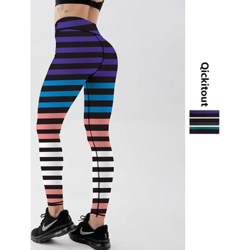Qickitout Color stripes Printed Leggings Push Up Workout High Waist Sportswear Women Black Fitness Pants Plus Size