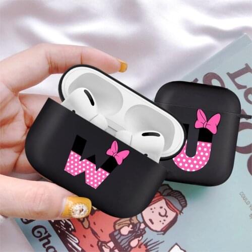Fashion Pink Bow Initial 26 Letter Soft Case For AirPods 2/1 Pro Black Silicone Wireless Bluetooth Earphone Box Matte Cover