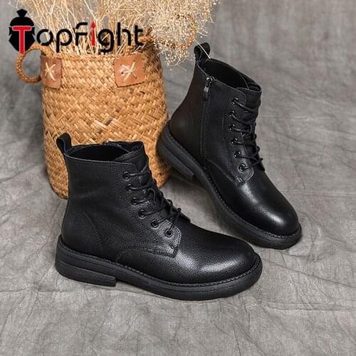 Topfight Round Toe Platform Motorcycle Boots Leather Women Retro Lace-up Boots Men Women Ankle Boots Autumn Fashion Platform