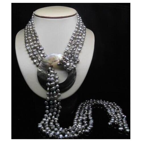 Natural 4- Row 5-6MM AAA Silver_Gray Baroque pearl Necklace