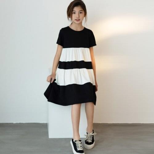 Summer 2021 New Big Girls Dress Children Clothing Dresses Fashion Short Sleeve White Black Teenage Dresses For Girl Holioday