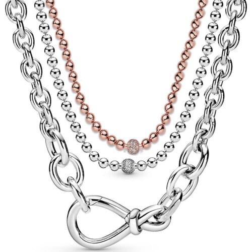 Original Rose Beads & Pave Crystal Sliding Chunky Infinity Knot 925 Sterling Silver Necklace For Pandora Bead Charm DIY Jewelry