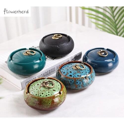 Kiln Changing Glaze Nordic Ceramic Ashtray with Lid Creative Ash Tray Cigar Ashtray Outdoor Windproof Portable Ashtray