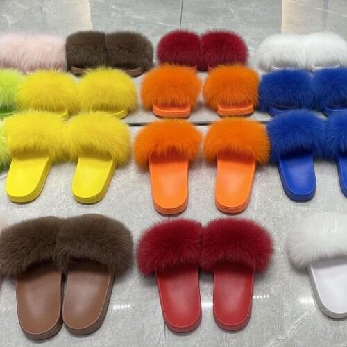 Fluffy Fox Fur Slippers Women Fashion Summer Solid Beach Ladies Fur Slides Manufacturer Custom Colorful Soft Flat