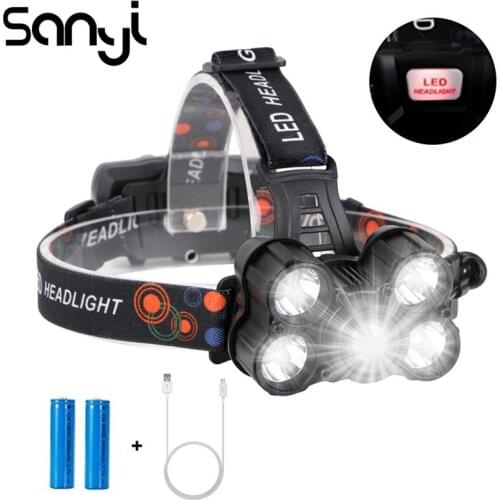 SANYI 5*XML T6 LED Headlamp USB Rechargeable Headlight 4 Modes Head Torch Lamp For Hunting Night Fishing With USB Cable