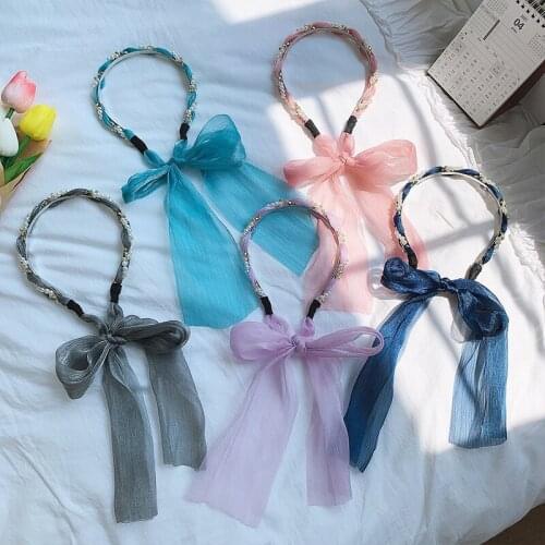 Sen Super Fairy Streamer Pearl Hair Hoop Sweet Tying Hair Elegant Braided Hair Headdress Ribbon Hair Accessories for Women