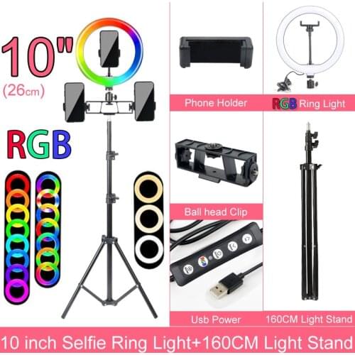 RGB 10 Inch Dimmable LED Selfie Ring Light with Stand 160cm Lamp Photography Ringlight Phone Studio Desktop
