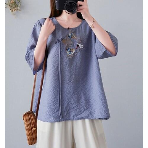 Women Cotton Linen Casual T-shirts New Arrival 2021 Summer Arts Style Vintage Embroidery Loose Female Half Sleeve Tops Tees B767