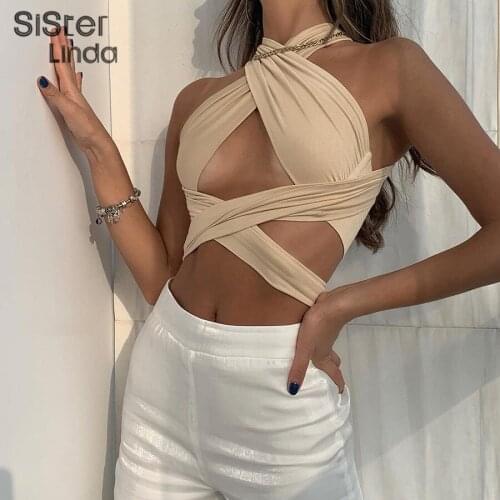 Sisterlinda Sexy Backless Solid Halter Camisole Women Crop Top Summer Chic Hollow Skinny Tank Vest Female Party Clubwear Y2K Tee