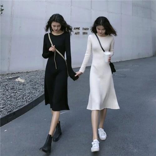 Women Casual Maxi Dress 2019 Autumn Korean Slim Long Dresses Knit Long Sleeve Dress