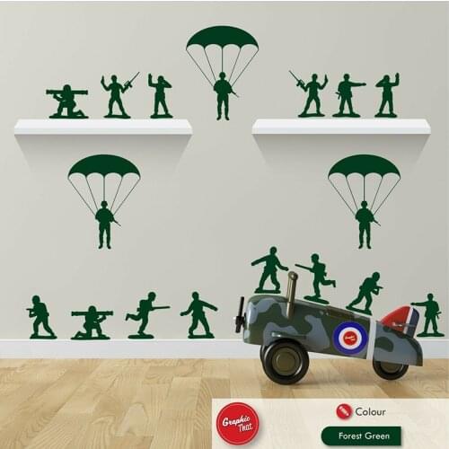 17 Pcs Cartoon Army Men Toy Paratroopers Wall Sticker Boy Room Kids Room Solider Gun Plane Wall Decal Playroom Vinyl Decor