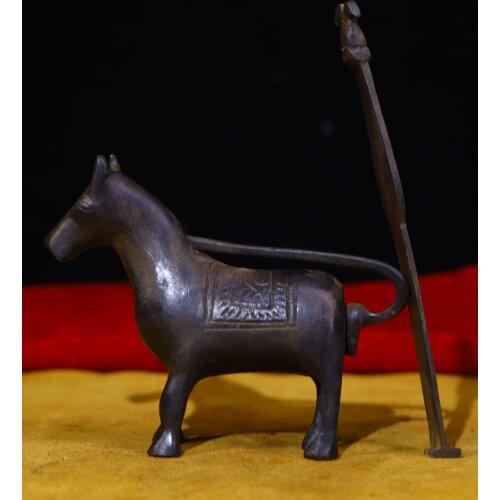 4"Tibet Temple Collection Old Bronze Chinese Zodiac Horse Statue Old brass lock horse Classical lock Town House Exorcism
