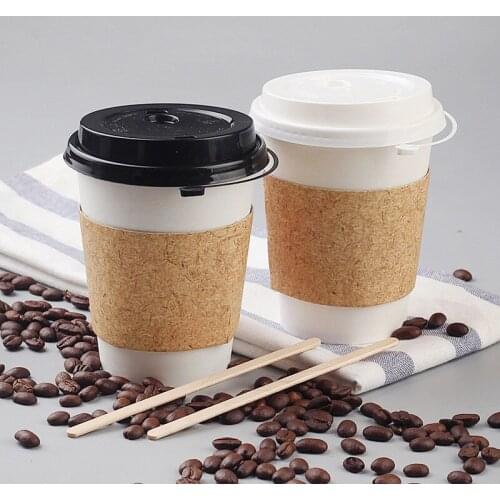 50pcs High quality white disposable coffee cup cold hot drink takeaway packaging paper cup with lid and kraft paper sleeve