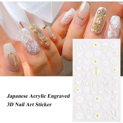 5d Hollow Nail Stickers White Embossed Flower Bridal Nail Floral Lace Butterfly Nail Stickers Longlasting Manicure Decal Fashion