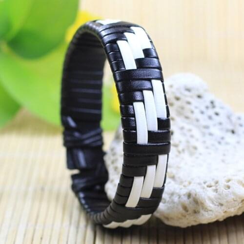 6Pcs/set Braid Ethnic Tribal Leather Bracelet for Men Black&White Wristband Male Jewelry Vintage Fashion Best Gifts J1117