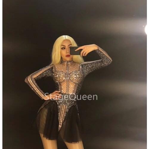 Shining Black Rhinestone Bodysuit Women Stage Costumes Singers Bodysuit Costume Prom Celebrate Mesh Evening Outfit jumpsuit