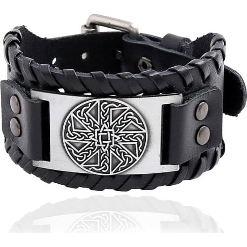 Viking Triangle Retro Charms Wide Wrap Layer Bangle Braided Genuine Leather Bracelet Jewelry Punk Men Pulsera Hombre