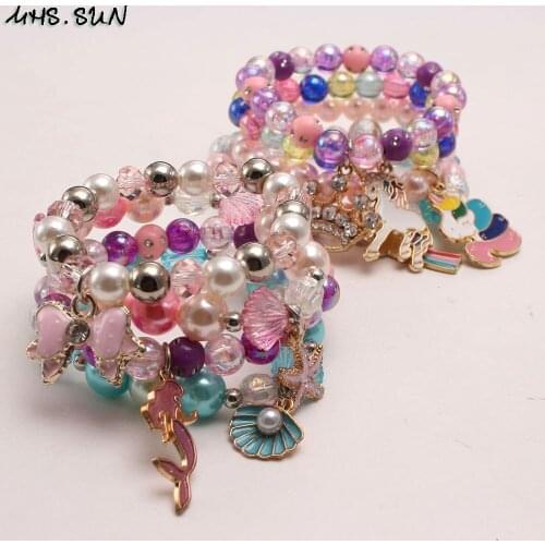 MHS.SUN New Girls Baby Elastic Beads Bracelets Bangles Colorful Beaded Bracelets With Mermaid Unicorn Cute Pendant Jewelry 3Pcs