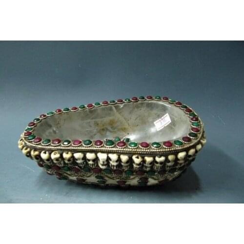 7 Tibet Buddhism Classic Silver inlay beryl ruby crude crystal kapala skull cup