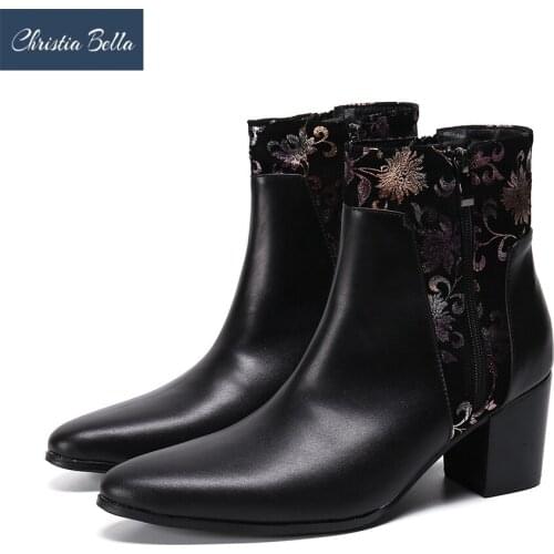 Christia Bella Designer Brand Floral Men Party Formal Boots High Heels Genuine Leather Man Boots Club Ankle Boots Dress Shoes