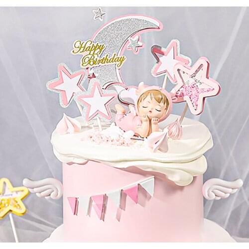 Blue Pink Cake Toppers Happy Birthday Confetti Cake Topper For Baby Show Cake Decoration Cupcake Flag Supplies