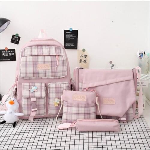 4 Piece Set Of Harajuku Style High Quality Fashion Womens School Backpack Canvas Bagpacks Large-Capacity Ladies Travel Bag