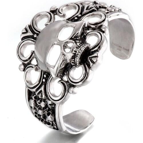 53*67mm Size 102g weight Large Stainless Steel Jewelry Spot Wholesale Biker Skull Head Hollow Wide Face Open Bracelet