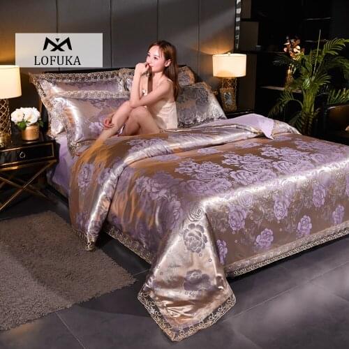 Lofuka Noble Dark Gold Bedding Set Jacquard Lace Silky Comforter Flower Duvet Cover Queen King Flat Sheet Pillowcase For Sleep