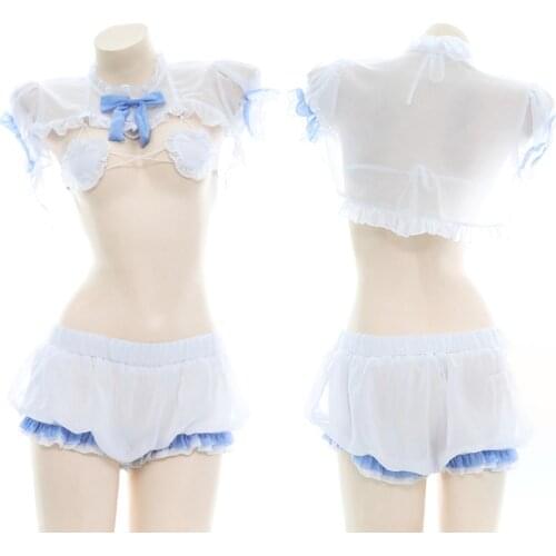 Sweet Lolita Transparent Chiffon Maid Dress Cute Love Bandage Bowknot Bikini Underwear Suit Soft Girl Home Wear Sexy Costume