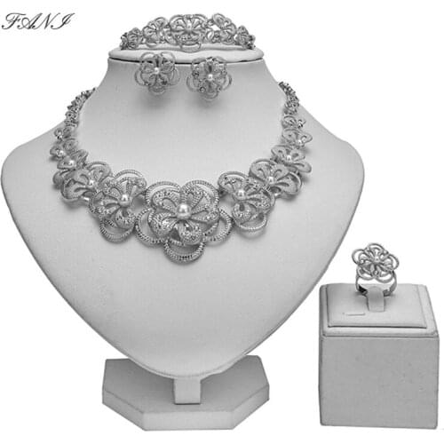 Fani Fashion Dubai Gold/Sliver Plated Jewelry Set Wholesale Nigerian Wedding Woman Necklace Bracelet Earring Ring Jewelry Set