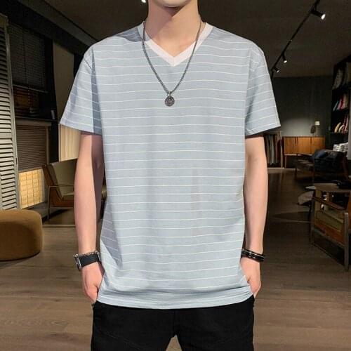Mens short sleeve 2020 new summer V-neck striped T-shirt fashion clothes fashion handsome midsleeved mens popular logo