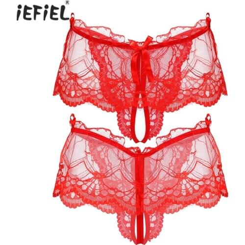 Sissy Male Gay Underwear Mens Panties See-through Lace Crotchless Thongs T-back Panties Low Rise Bowknot Lingerie Underpants
