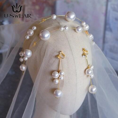 Soft Pearls Brides Headband with Earring Bridal Tiaras Crown Set Wedding Hair Accessory Prom Headdress Bridal Tiara Headdress