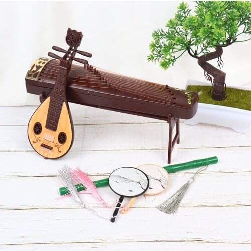New Hot!Exquisite Retro Dollhouse Miniature Folding Screen Flute Lute Guzheng Fan Life Scene Ornament