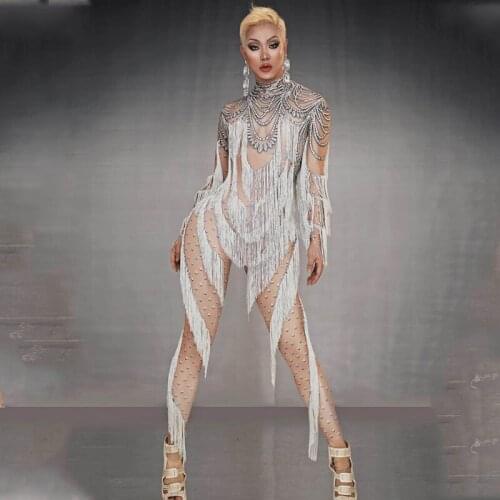 Fake Rhinestone Tassels Jumpsuit Singer Show Sexy Bodysuits Birthday Dance Prom Wear Clubwear Outfit Clothes for Women