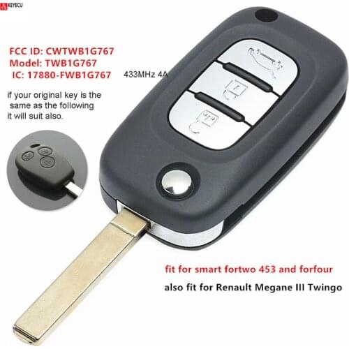 Keyecu CWTWB1G767 For MERCEDES-BENZ Smart Fortwo 2015-2017 433MHz 4A Chip 3 Buttons Head Remote Car Key Fob CWTWB1G767 TWB1G767