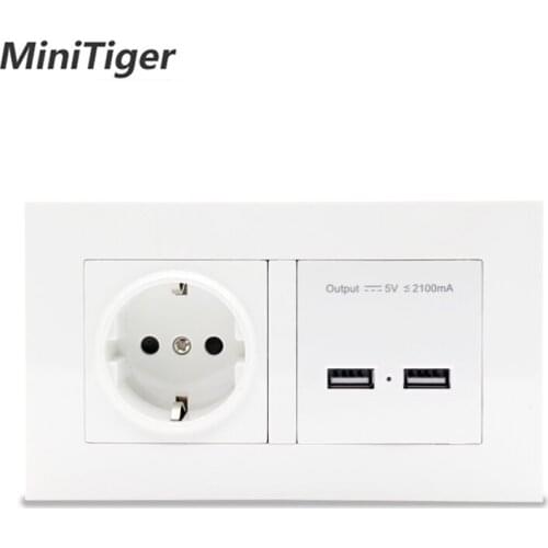 Minitiger Wall Socket EU Standard Power Outlet With Dual USB Smart Induction Charge Port For Mobile 2.1A White PC Panel