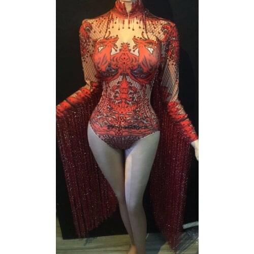 Sexy Stage Tassel Bodysuit White Dance Costume Rhinestones Outfit Performance Womens Stage Clothing Show Party Dance Wear