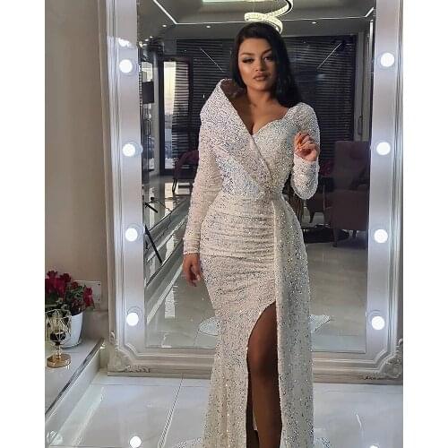 Sexy High Slit Front Sparkly Sequin Evening Dresses2021 White Dubai Arabian Style Long Sleeve White Mermaid Prom Party Gowns