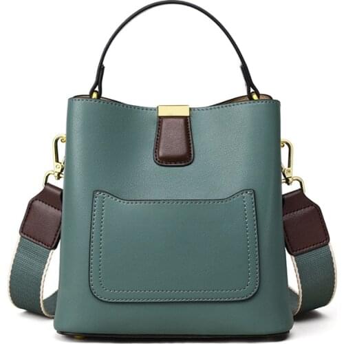 2021 New Women Bucket Bag Genuine Soft Cow Leather Fashion Large Capacity Wide Strap Crossbody Small Tote Handbag Brand Design