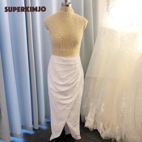 SuperKimJo High Neck White Evening Dresses Long Beaded Cap Sleeve Modest Muslim Evening Gown Vestido De Noche