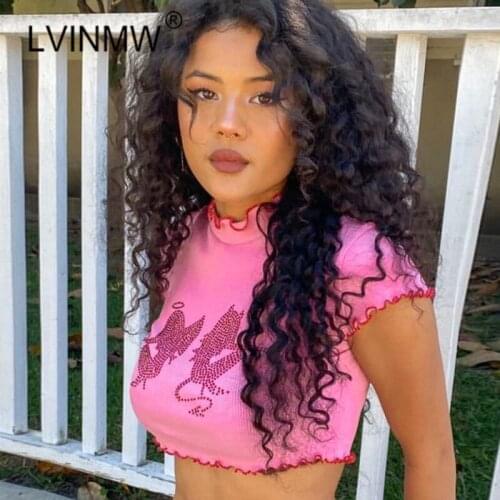 LVINMW Sexy Round Neck Short Sleeve Ruffles Front Diamond Pink Crop Top 2020 Summer Women Rib Knit Slim Harajuku Tops Streetwear
