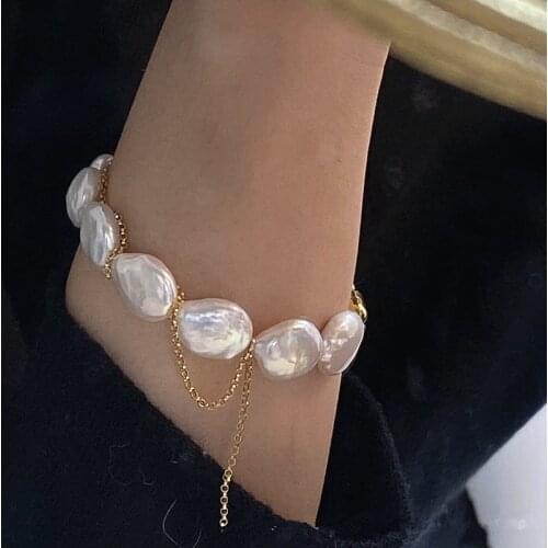 Natural Baroque Pearl Natural Texture Rectangular Irregular Beads Pearl Bracelet Magnetic Buckle 14K Gold Filled Chain Jewelry