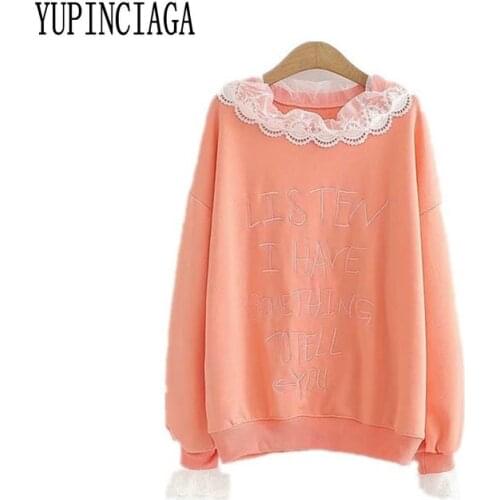 YUPINCIAGA Women New Spring 2020 Sweet Girlish Lace Collar Embroidered Letter O-Neck Stitching Long Sleeve Cute Girls Sweatshirt